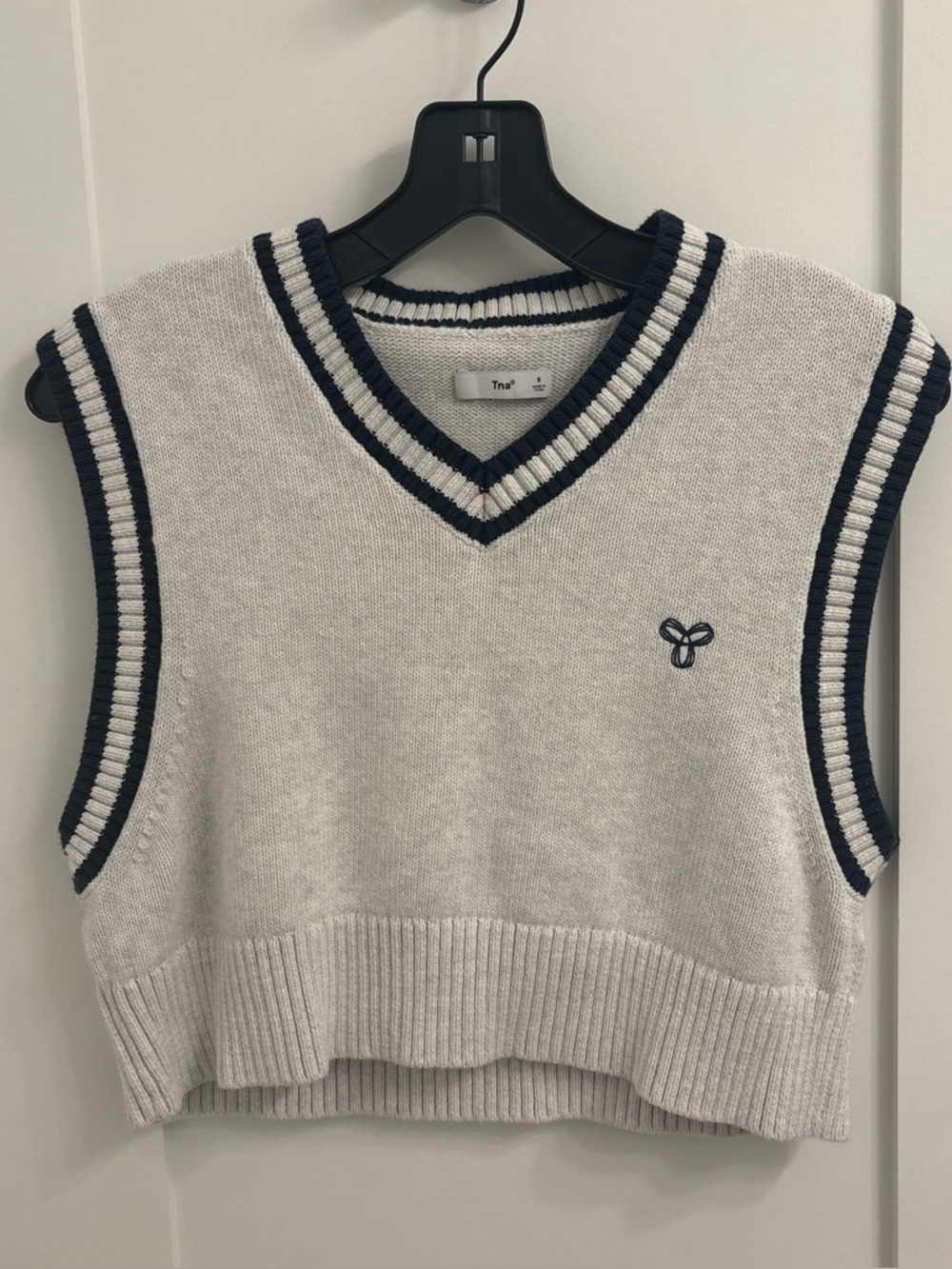 TNA Cream V-Neck Knit Sweater Vest with Navy Trim